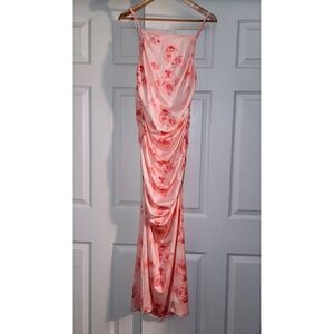 Pink Floral Satin Ruched Maxi Dress Square Neck Spaghetti Strap Women Large